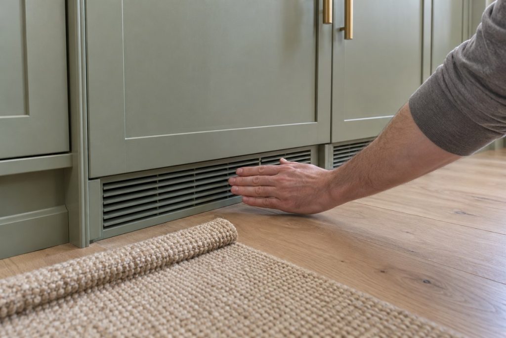 Homeowner checking airflow at the louvered kickplate of a built-in Sub-Zero Designer refrigerator