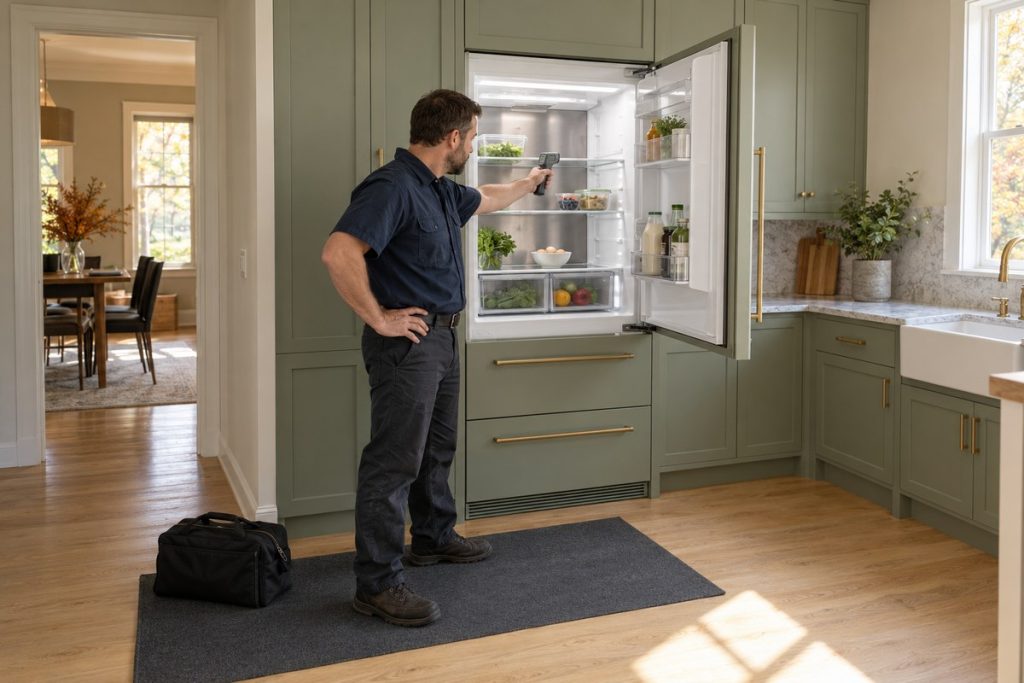 Technician checking the refrigerator temperature of a Sub-Zero Designer combination unit with an infrared thermometer