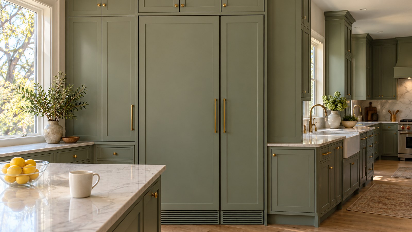 Panel-ready Sub-Zero Designer refrigerator and freezer columns built flush into painted kitchen cabinetry