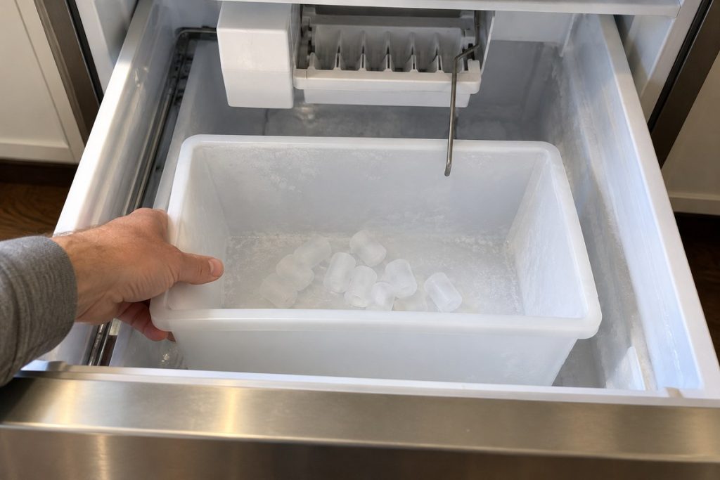 Nearly empty ice bin with a few small cubes in the freezer drawer of a Sub-Zero French door refrigerator