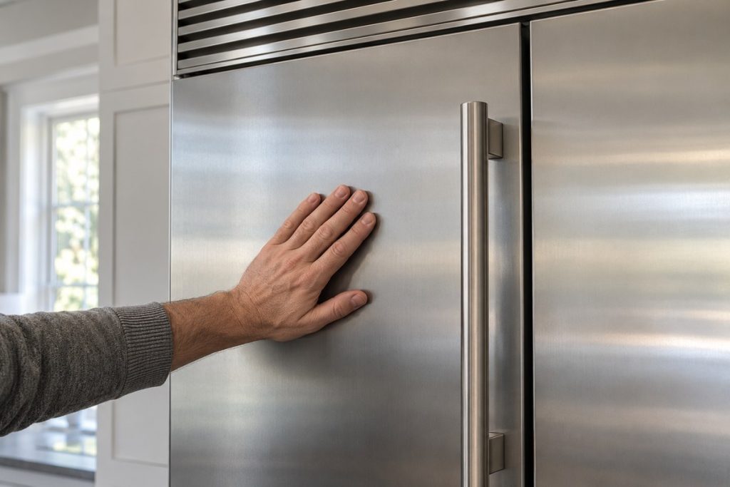 Hand resting on the closed door of a Sub-Zero PRO refrigerator to feel for vibration