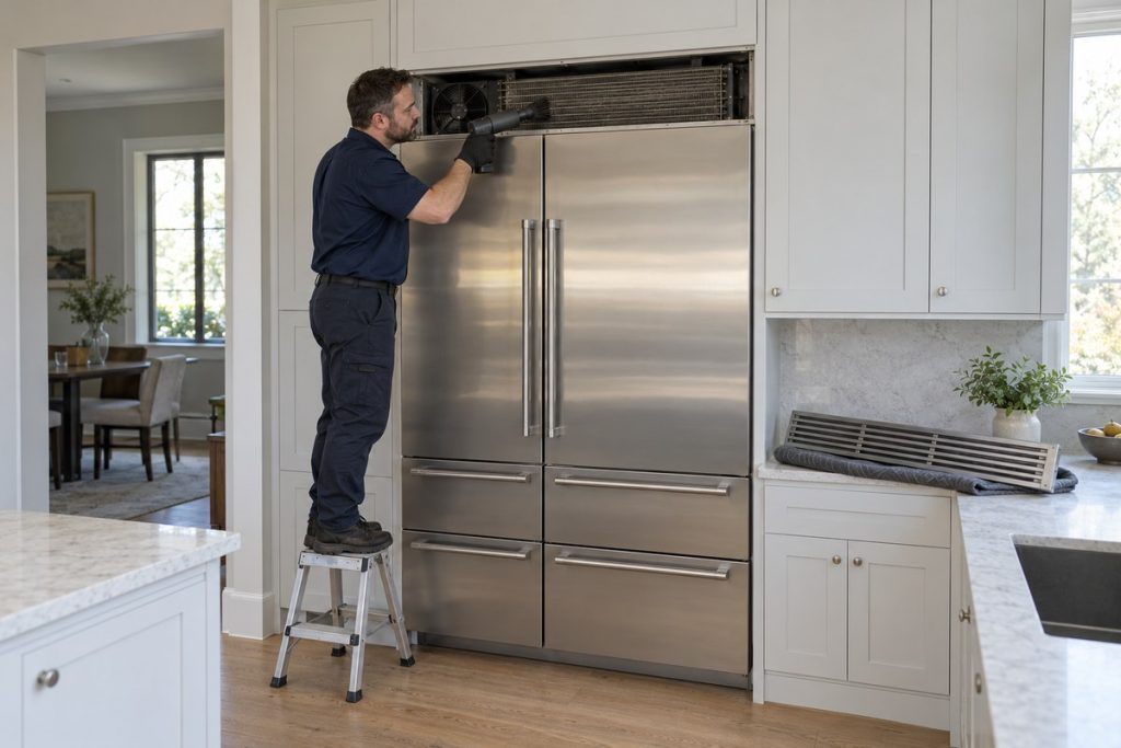 Technician on a step stool cleaning the condenser of a Sub-Zero PRO refrigerator with the top grille removed