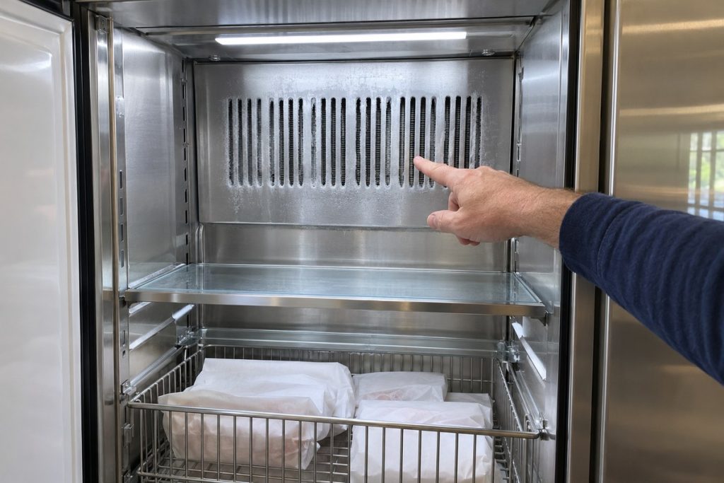 Light frost around the evaporator fan cover inside a Sub-Zero PRO freezer