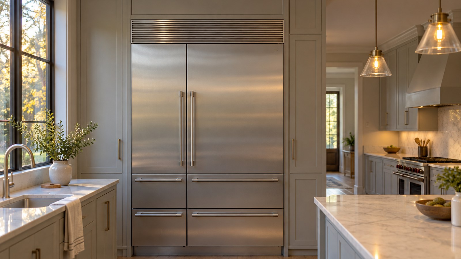 Stainless steel Sub-Zero PRO 48 refrigerator built into a bright kitchen