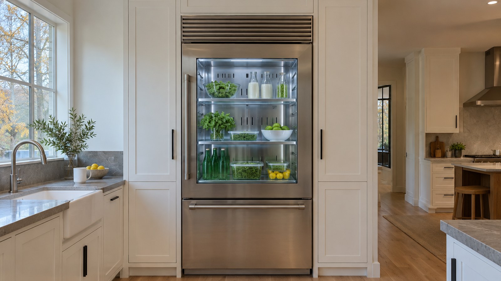 Sub-Zero PRO 36 refrigerator with a glass door and a stainless steel freezer drawer in a bright kitchen