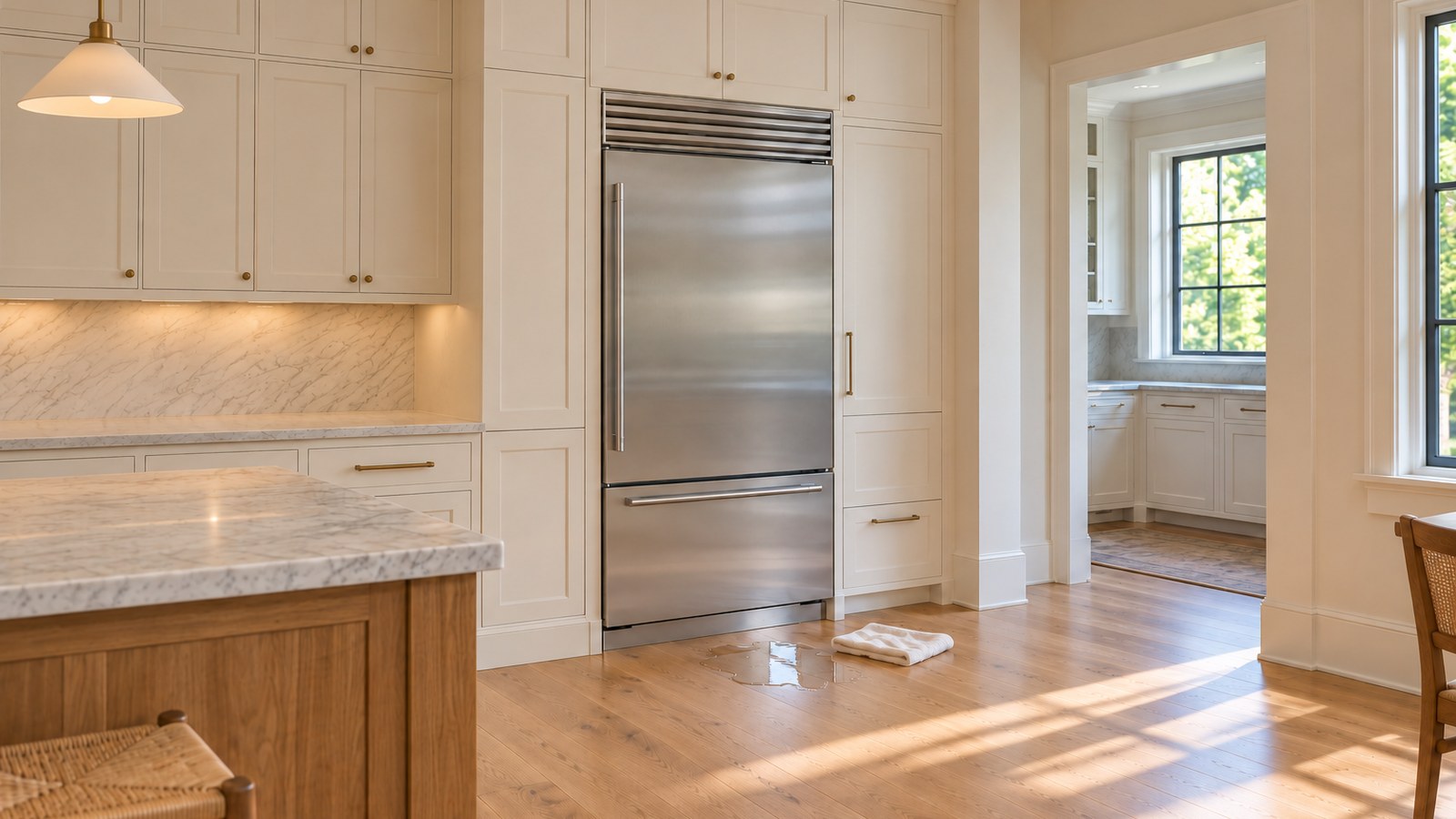 Small floor puddle and folded towel before a closed Classic over-and-under refrigerator