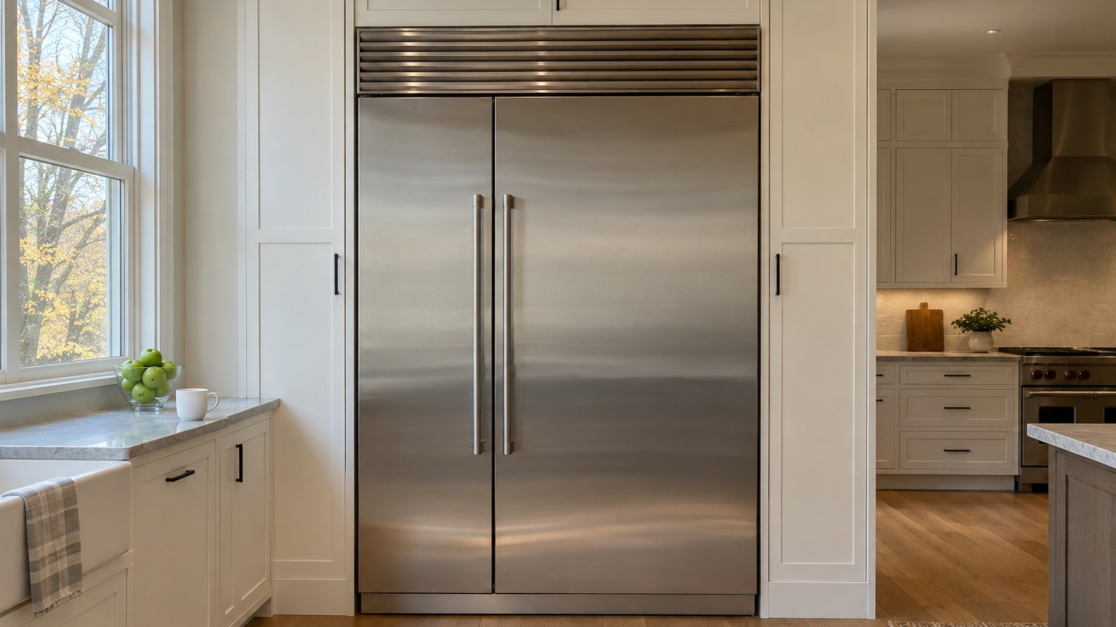 Built-in Sub-Zero side-by-side refrigerator with stainless steel doors in a bright kitchen