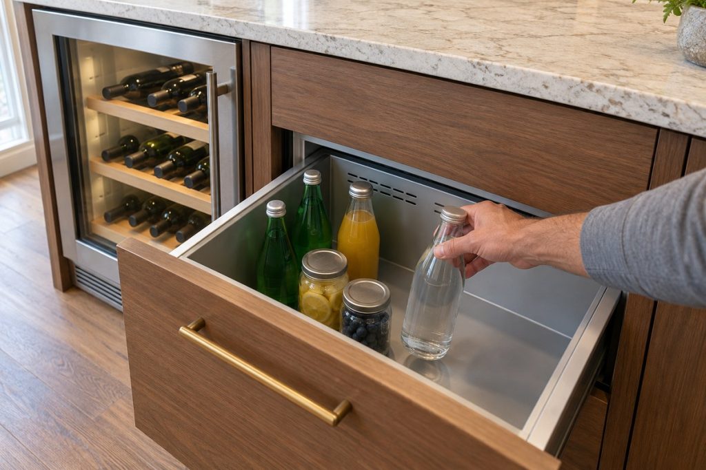 Half-stocked Sub-Zero refrigerator drawer with beverages and water bottles under a kitchen counter