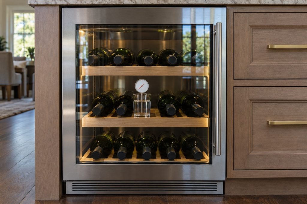 Probe thermometer in a glass of water inside a Sub-Zero undercounter wine unit for a closed-door test