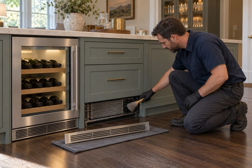 Technician removing the kickplate to clean the condenser of a Sub-Zero undercounter refrigerator