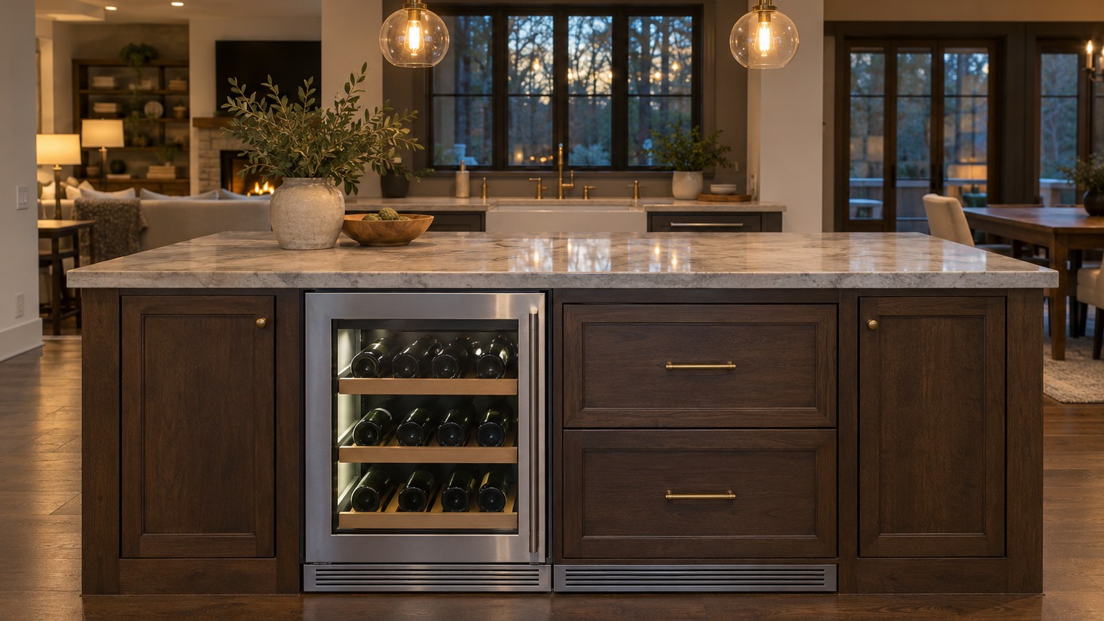 Sub-Zero undercounter wine storage with a glass door next to refrigerator drawers in a home bar