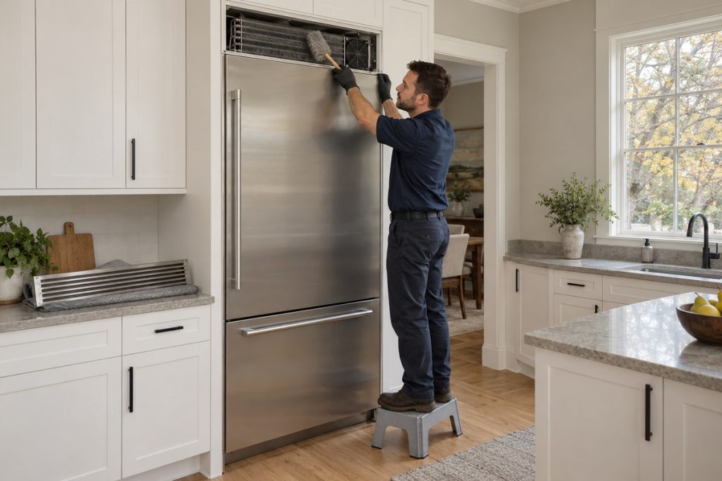 Technician cleaning the condenser coil at the top of a built-in Sub-Zero refrigerator during routine maintenance