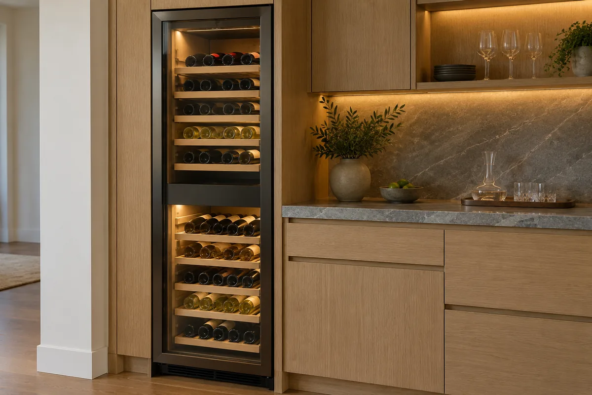 Tall built-in wine column with a handleless glass door, upper and lower lit zones of bottles, set into light oak cabinetry